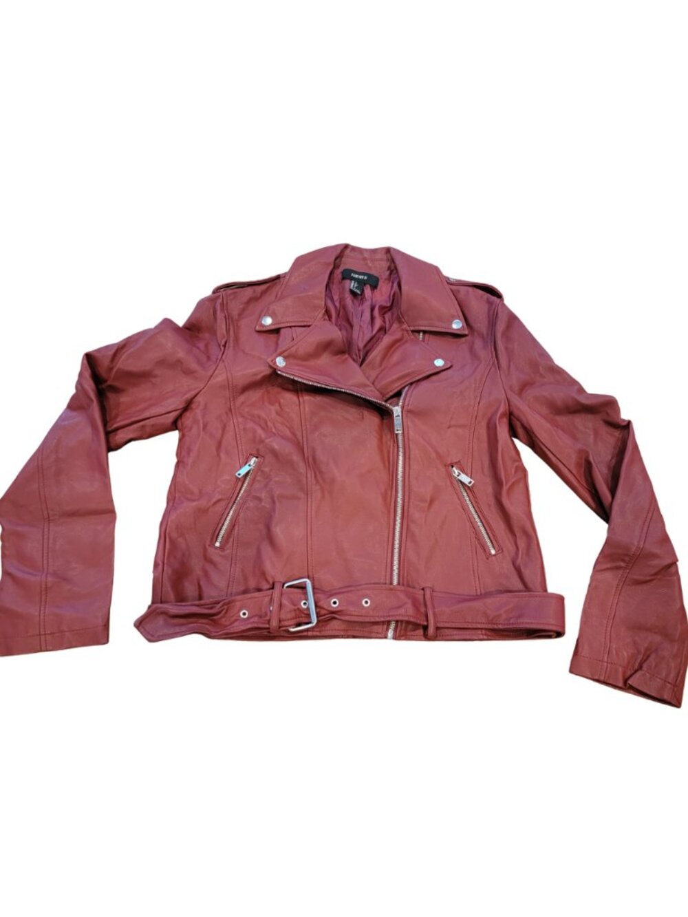 Forever 21 Red Moto Faux Leather Zippered Jacket/Coat - Picture 3 of 11